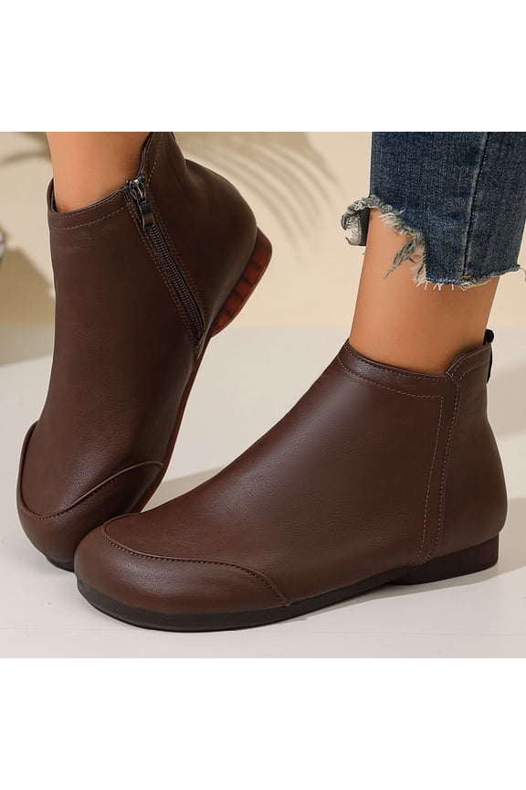 Minimalist Plain Leather Ankle Boots Daily Office Commuting, Smooth Flat Slip On Booties Autumn Casual Strolling, Comfortable Holiday Travel Footwear Weekend Travel Trip Wear, Brown 5.5