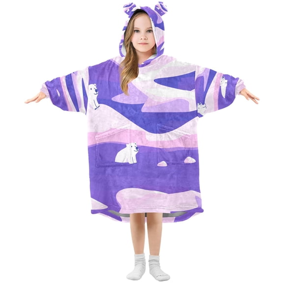 Minimalist Polar Bear Purple Wearable Blankets Hoodie Oversize Sherpa Wearable Soft Blanket Warm Cozy 3-14 Age