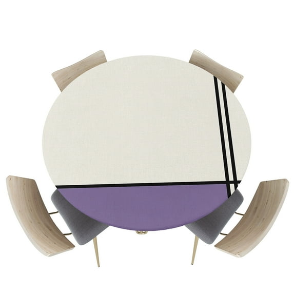 Minimalist Purple Color Block Fitted Round Tablecloths Elastic Edged Table Covers 55"-60",Geometric Art Black Stripe Waterproof Dining Room Table Cloth for Kitchen Holiday Party Tables Decor