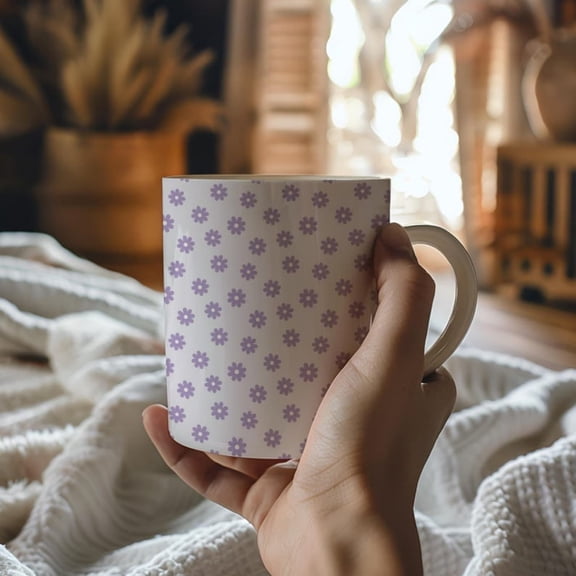Minimalist Purple Floral Mug - Cute Aesthetic Daisy Coffee Cup - Cottagre Gift Her - Cozy Tea Mug - Lavender Boho Pattern Mug.