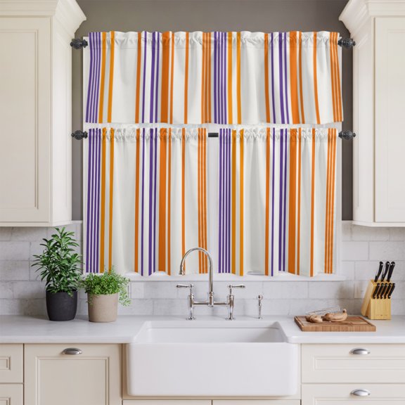 Minimalist Purple Orange Stripes Curtain Tier and Valance Set 3 Piece,Modern Line Art 3-inch Rod Pocket Window Tier Curtains Valance for Kitchen Living Room