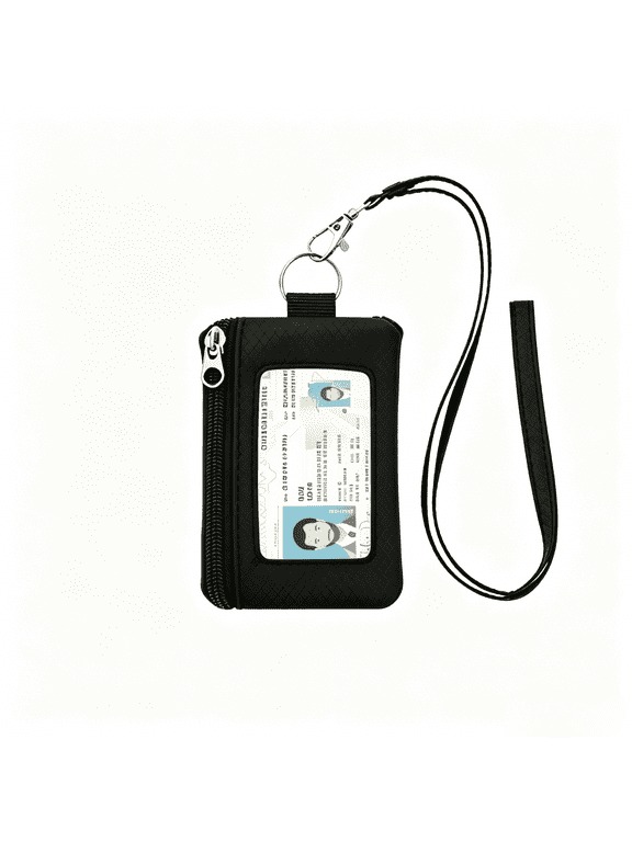 Minimalist RFID Blocking Wallet with 2 Zip Pockets and Lanyard, Water Resistant ID Case with Key Ring and Cards Badge Holder, Coin Purse Pouch for Men and Women Travel Sports -BK