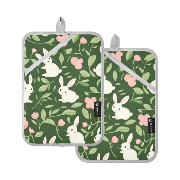 Minimalist Rabbit and Green Leaf Figure Oven Mitts Pot Holders 2 pcs Heat Resistant for Kitchen Baking Grilling