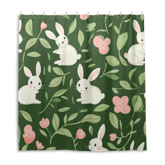 Minimalist Rabbit and Green Leaf Figure Shower Curtain Liner 66x72 Inch Waterproof Shower Curtains Decorative Bathroom with 12 Pack Hooks