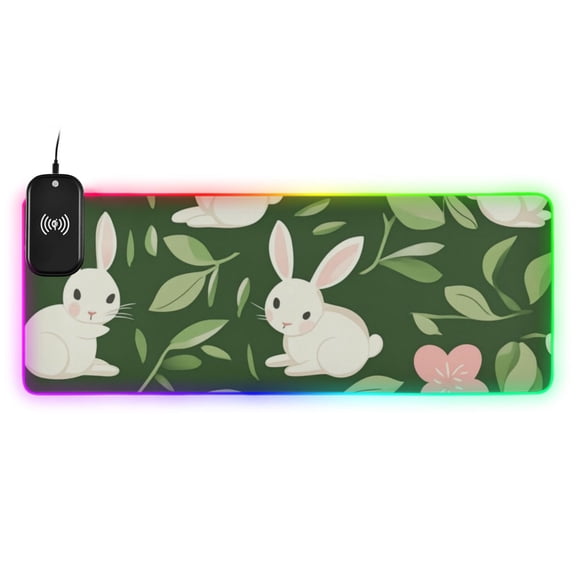 Minimalist Rabbit and Green Leaf Figure Wireless Charging RGB Gaming Mouse Pad Large Keyboard Mat Rubber Base 13 Light Modes