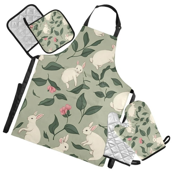 Minimalist Rabbit and Leaf Figure Oven Mitts and Pot Holders with Chef Apron Set 5 Pcs Kitchen Cooking Set
