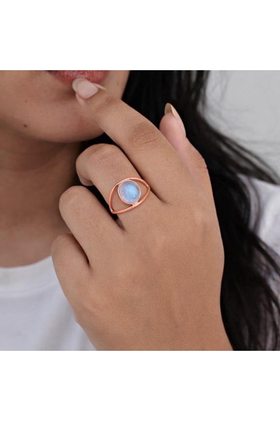 Minimalist Rainbow Moonstone Statement Ring – Solid Pure Copper Eye Shape Ring – Dainty Everyday Jewelry