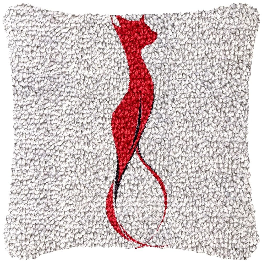 Minimalist Red Cat Latch Hook Pillow Kits DIY Pillowcase Cushtion Cover Crochet Hooking Pillow Making Kits with Color Pattern Canvas Crochet Hooking Kits Pillow 43x43cm(j05)