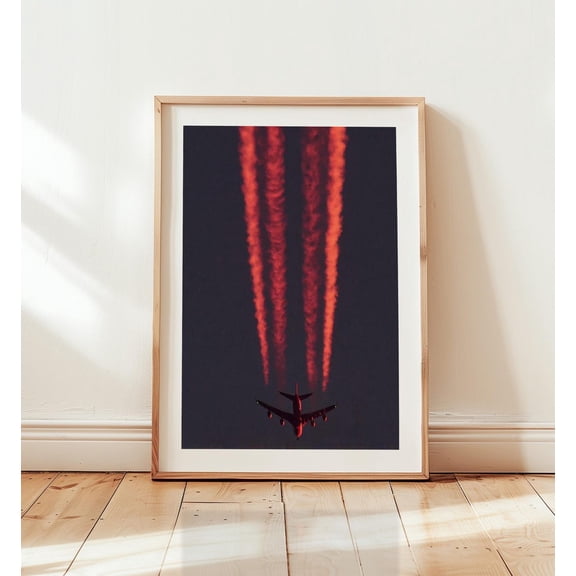 Minimalist Red Contrail Airplane Dramatic Aviation Modern Pilot Jet Art Unframed Paper Print