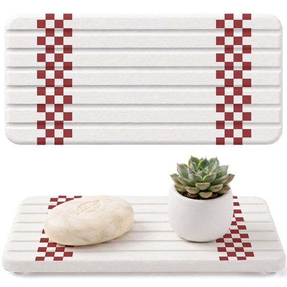 Minimalist Red Diatomaceous Earth Coasters, Buffalo Check Plaid Farmhouse Farm Theme Water Absorbent Diatomite Coaster, Bathroom Tray Stone Dish Drying Mat Kitchen Sink Tray 8.3x4in