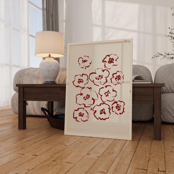 Minimalist Red Flower Hand Drawn Wall Art, Unframed Canvas Size 24x36