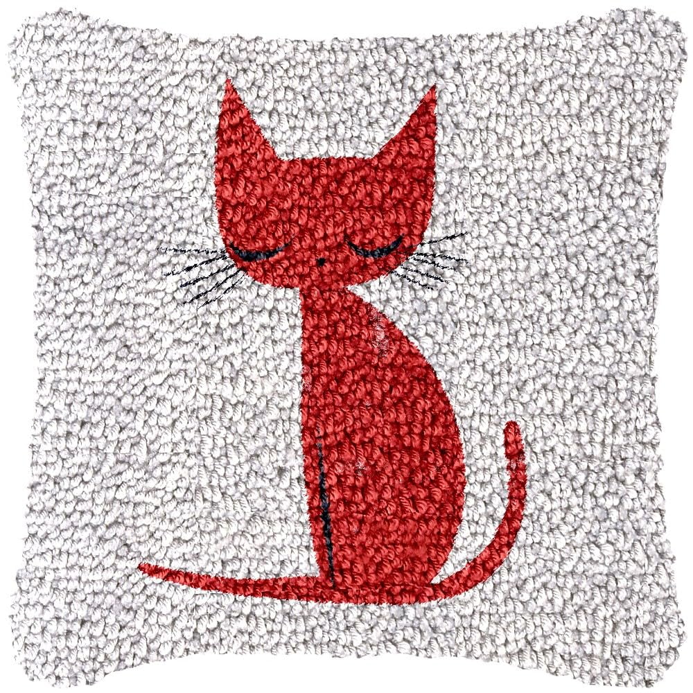 Minimalist Red Kitten Cat Latch Hook Pillow Kits DIY Pillowcase Cushtion Cover Crochet Hooking Pillow Making Kits with Color Pattern Canvas Crochet Hooking Kits Pillow 43x43cm(j18)