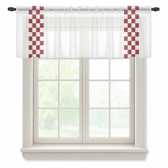 Minimalist Red Semi Sheer Valance Curtains Buffalo Check Plaid Farmhouse Farm Theme Voile Valances Curtain Rod Pocket Small Window Treatment for Kitchen Bathroom Cafe 42"x12"