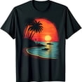 thumbnail image 1 of Minimalist Retro Black T-Shirt with Vibrant Sunset Beach Graphic & Trees, 1 of 5