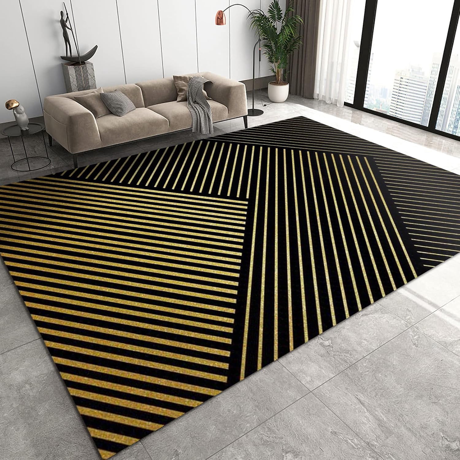 Dust Control Rugs Minimalist Retro Pattern Area Rugs, Modern Yellow Lines On Black ...