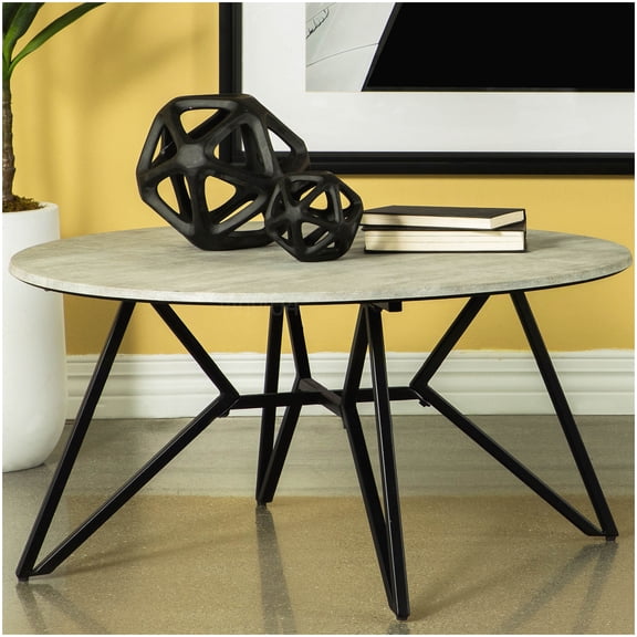 Minimalist Round Coffee Table with Urban Industrial Design, Cement Gray Top and Black Metal Base
