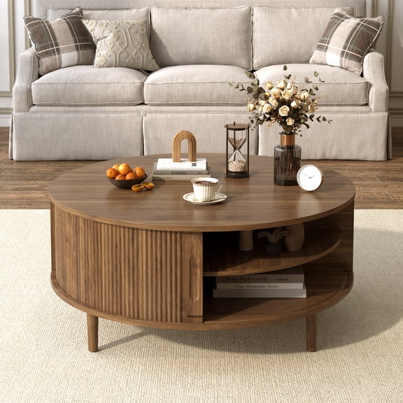 Minimalist Round Lift-Top Coffee Table with Hidden Storage, Sliding Door, Pine Legs, and Wood Wave Finish