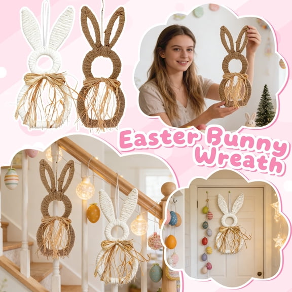 Minimalist Rustic Easter decor, Brown Woven Easter Bunny Wreath with Raffia Bow Accents, Lightweight Hanging Easter decorations for Front Door, Outdoor Porch, Kitchen Walls Or