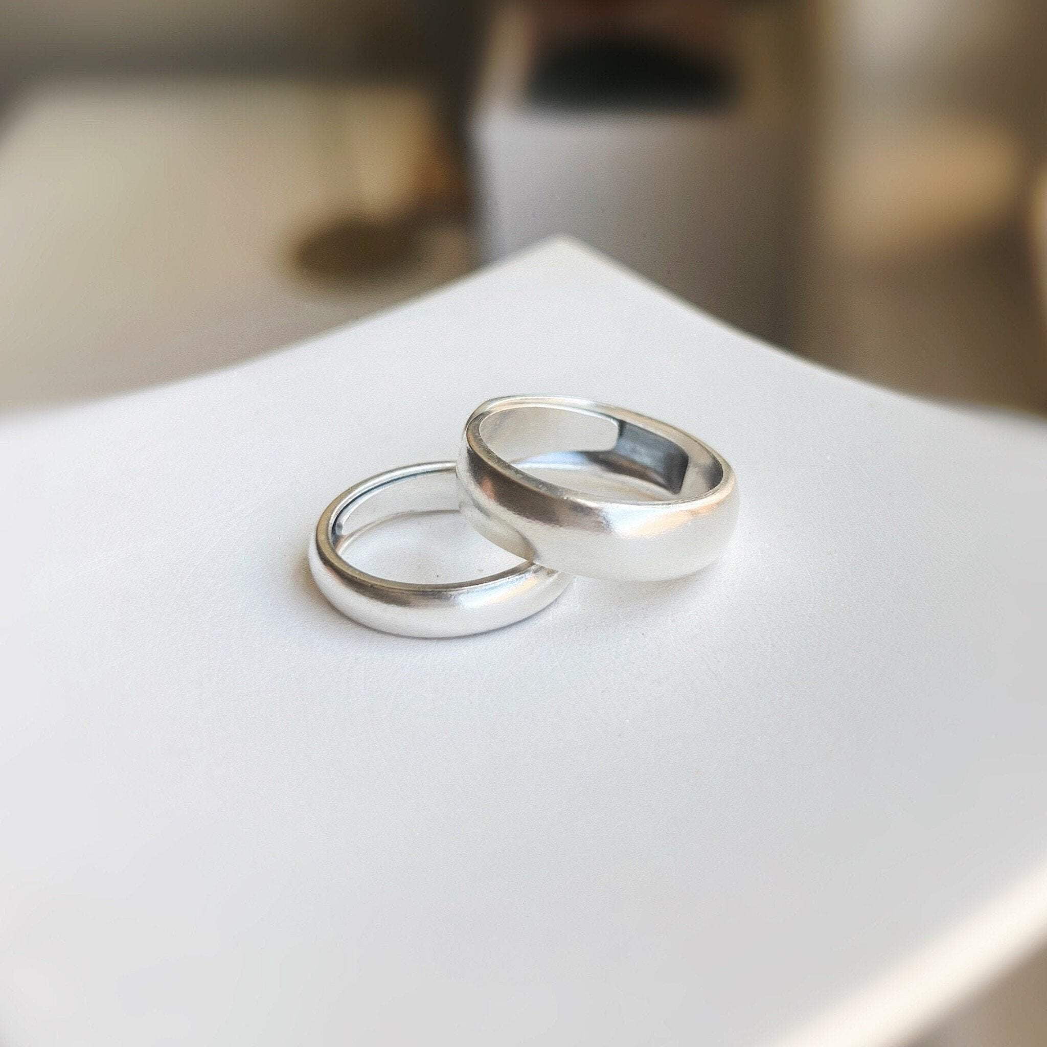 Minimalist S999 Silver Band Couple Ring, Adjustable Plain Wedding