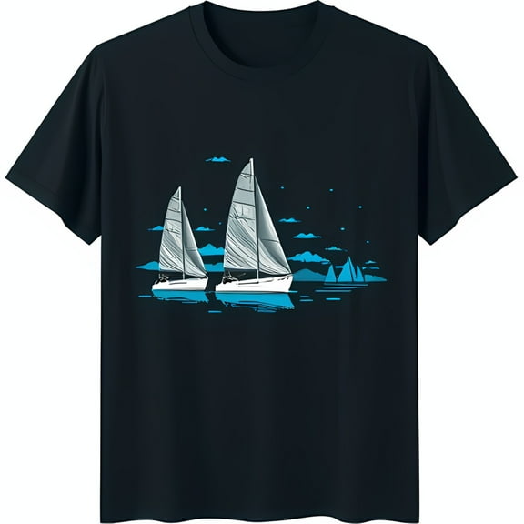 Minimalist Sailboat Graphic T-Shirt Serene Blue Sails on Dark Background