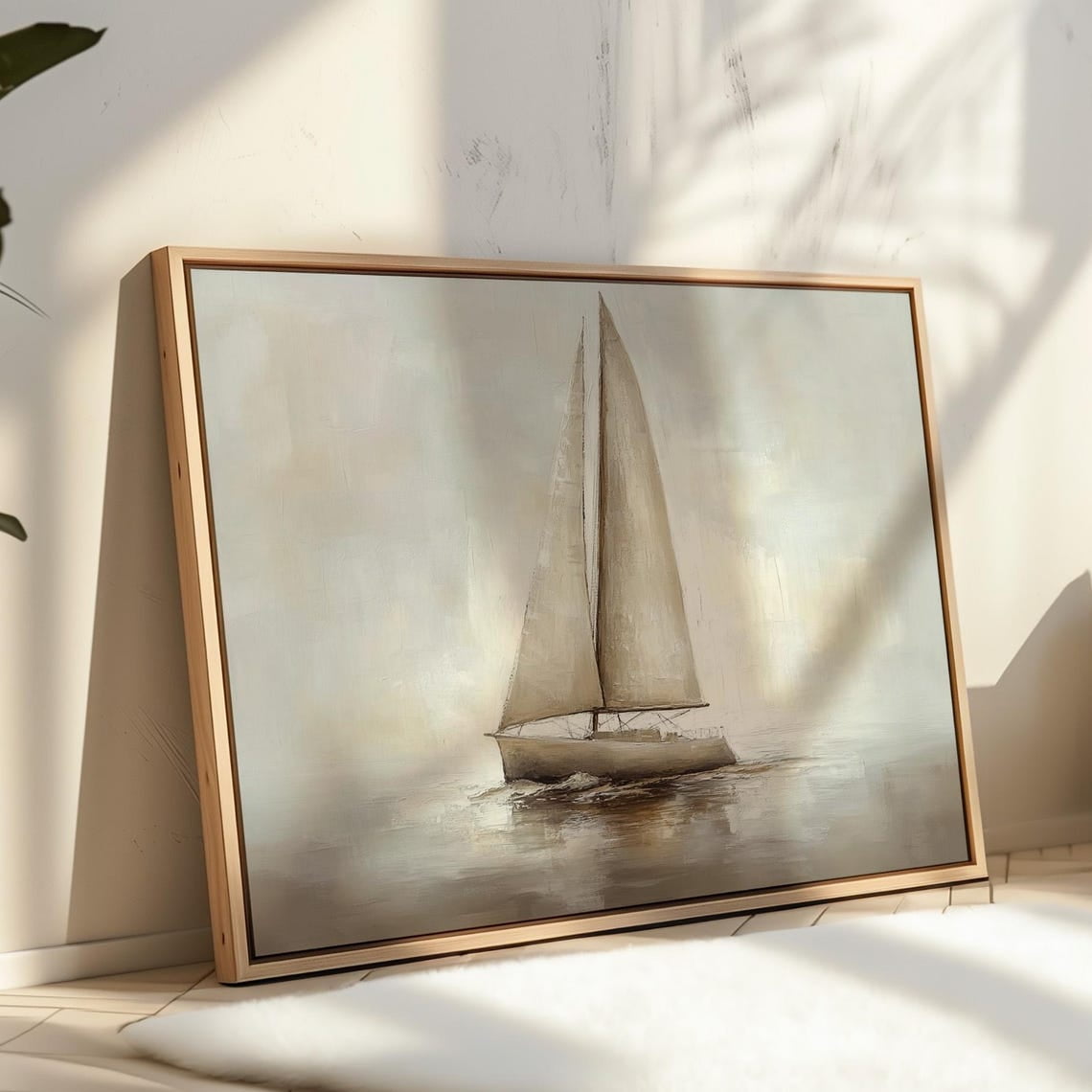 Minimalist Sailboat Oil Painting – Neutral Coastal Wall Art Print For ...