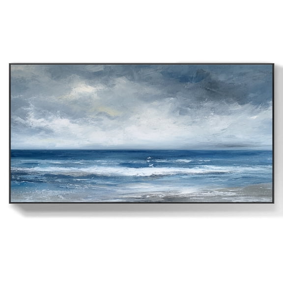 Minimalist Seascape Canvas Wall Art Blue White Extra Large Ocean Oil Painting on Canvas Abstract White Textured Wall Art Blue Ocean Custom Art,Unstretched,Frameless,(41*61cm)16*32Inches