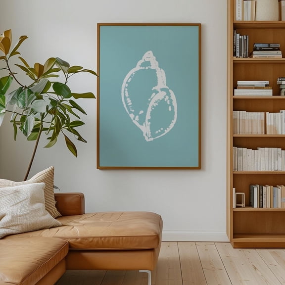 Minimalist Seashell Art Print - Coastal Decor With Calm Aqua Background, Beachy Vibes, Nautical For Home, Ocean Shell Art Wall Art, Modern Wall Decor, 24x36 UNFRAMED