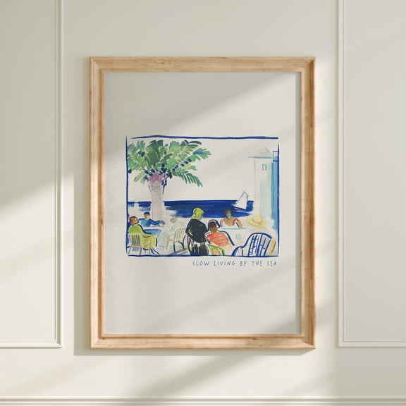 Minimalist Seaside Art Mediterranean Coastal Decor Slow Life Summer Wallable Vintage, Stretched Canvas