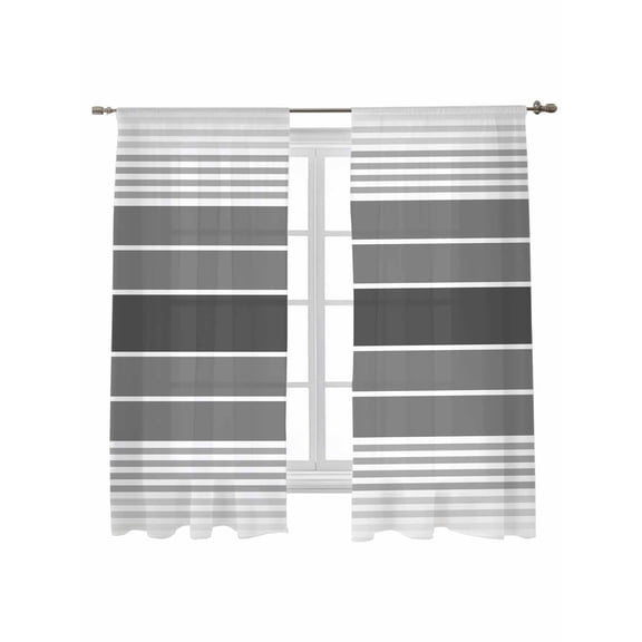 Minimalist Sheer Curtains 72 Inch Long 2 Panels, Dark Gray Gradient Gray Stripe Farm Light Filtering Rod Pocket Semi Sheer Curtains, Sheer Voile Drapes for Living Room Bedroom, 52"x72"