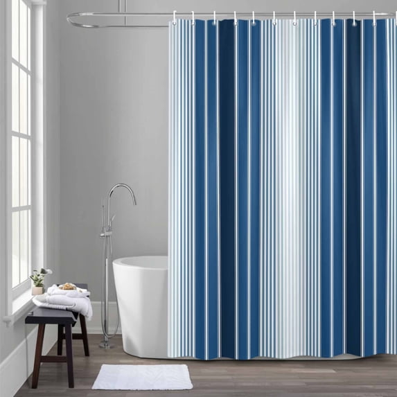 Minimalist Shower Curtain for Bathroom Decor, Country Dark Blue Gradient Stripe Waterproof Fabric Shower Curtain, 72"x78" Set with 12 Hooks