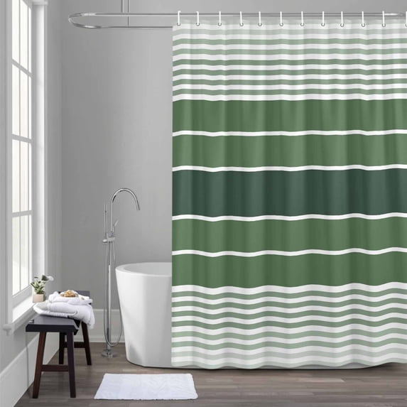 Minimalist Shower Curtain for Bathroom Decor, Country Sage Green Gradient Stripe Waterproof Fabric Shower Curtain, 72"x96" Set with 12 Hooks