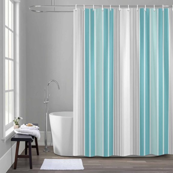Minimalist Shower Curtain for Bathroom Decor, Turquoise Gradient Gray Stripes Waterproof Fabric Shower Curtain, 72"x78" Set with 12 Hooks