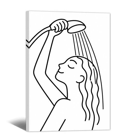 Minimalist Showering Canvas Wall Art Funny Bath Taking Emoji Picture Print, Black & Whiter Lined Artwork Humorous Painting for Home, Restroom, Bathroom Wall Decor
