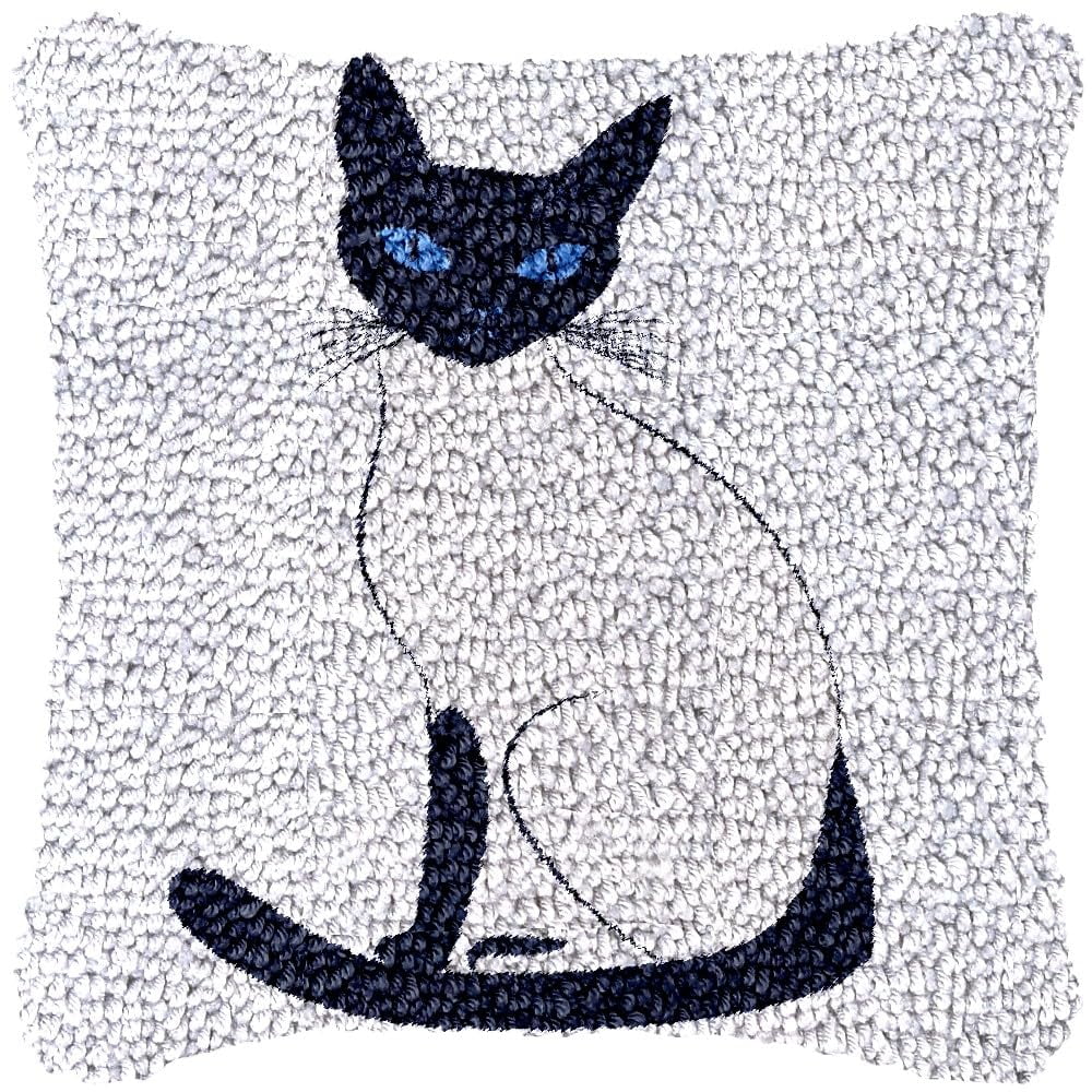 Minimalist Siamese Cat Latch Hook Pillow Kits DIY Pillowcase Cushtion Cover Crochet Hooking Pillow Making Kits with Color Pattern Canvas Crochet Hooking Kits Pillow 43x43cm(j06)