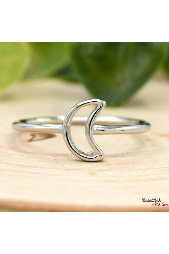 Minimalist Simple Open Crescent Moon Ring | 925 Sterling Silver Casual Minimalist Design Moon Ring | Womens Jewelry Lunar Band Ring Size 13.5