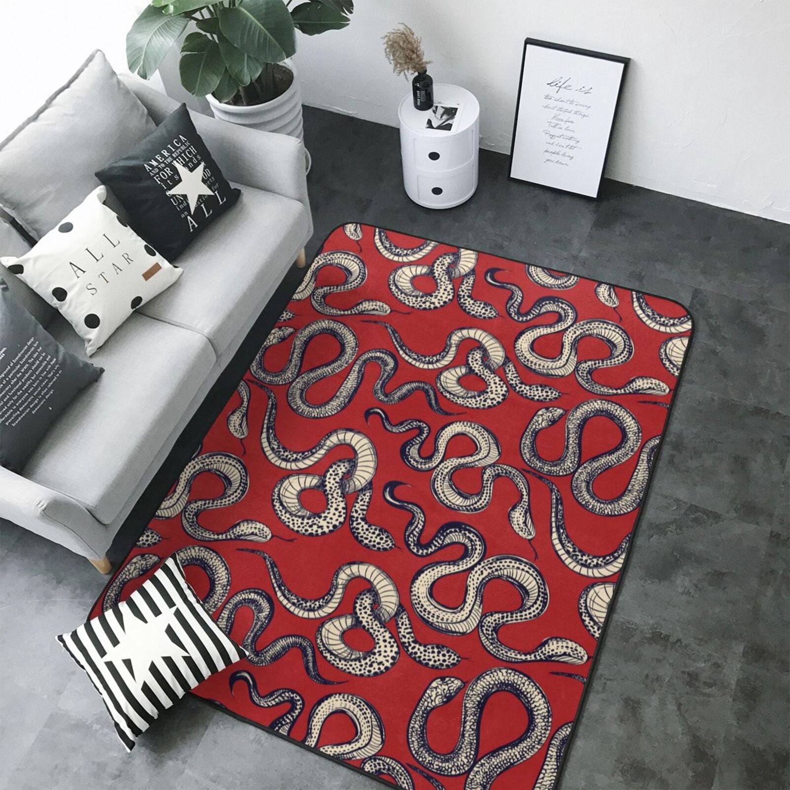 Minimalist Sketch Funny Snake Red Area Rugs for Living Room Bedroom ...