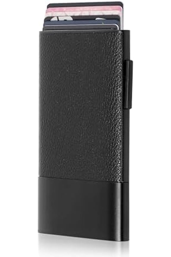 Minimalist Sliding Men's Metal Wallets - Pop Up Card Wallet with Leather & Construction - Quick & Secure Card Access - Trigger Wallets Men - Black