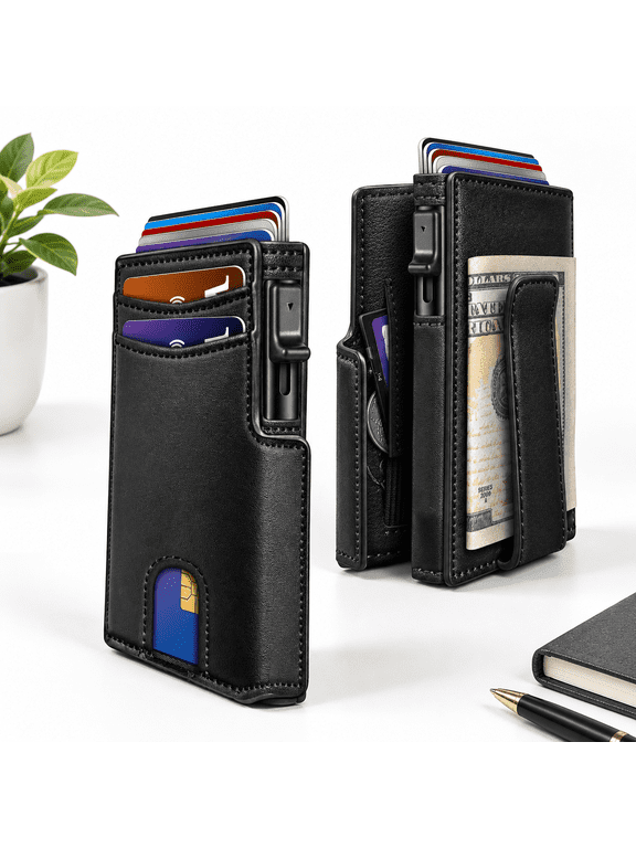 Minimalist Slim Wallet for Men, Black052, Metal RFID Blocking Case with Leather Wrap, 9 Card Capacity