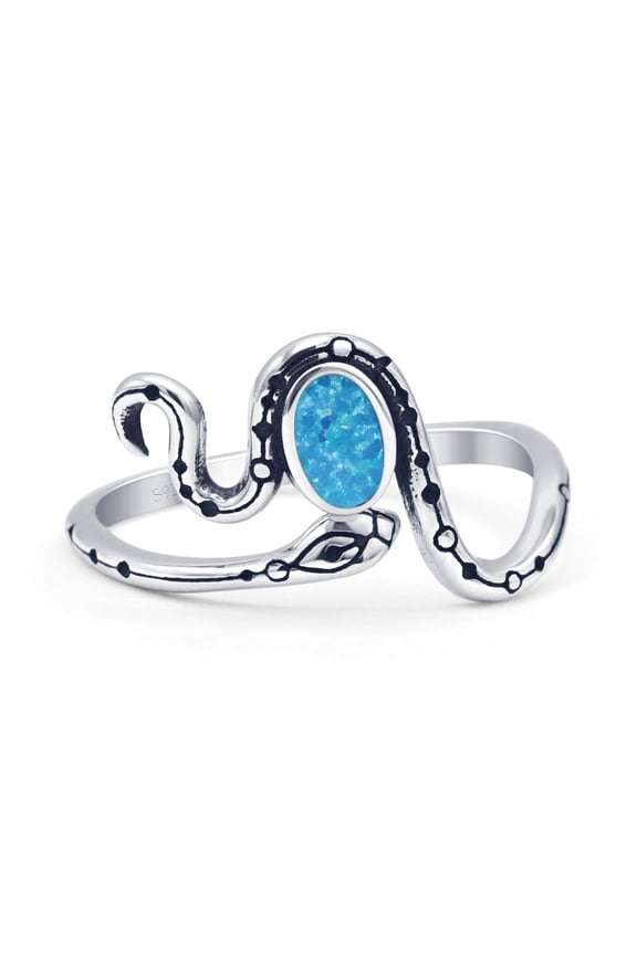 Minimalist Snake Oxidized Ring Lab Created Blue Opal 925 Sterling Silver Size 5
