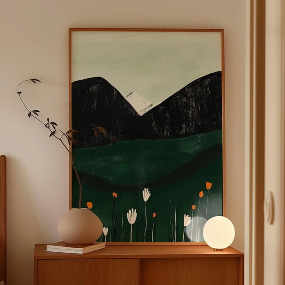 Minimalist Snowy Mountain Print, Dark Green Valley Landscape Art, Modern Wildflower, Black And White Nature Artwork, Wall Art, Modern Wall Decor, 8x12 UNFRAMED