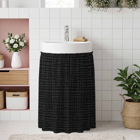 Minimalist Solid Color Under Sink Curtain for Closet, Privacy Short Cabinet Curtains, Abstract Woven Texture Vintage Black Self Adhesive RV/Open Cabinet Skirt Adds Bathroom Storage 11"x13"