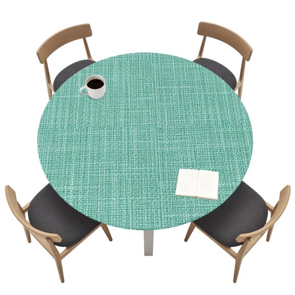 Minimalist Solid Mint Design Round Fitted Tablecloth with Elastic Edged, Textured Linen Style Waterproof Table Cover for Dinner Outdoor Picnic &nbsp;Fits Round Tables up to 36"- 44" Diameter