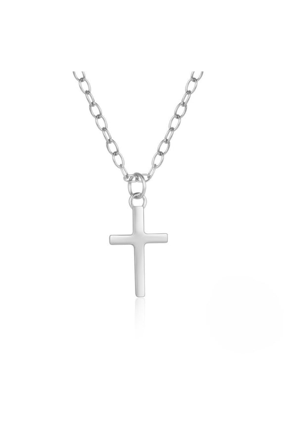 Minimalist Solid Plain Cross Necklace, Silver Polished Thin O Link Chain Faith Religious Pendant Jewelry Gift for Baptism Birthday Anniversary