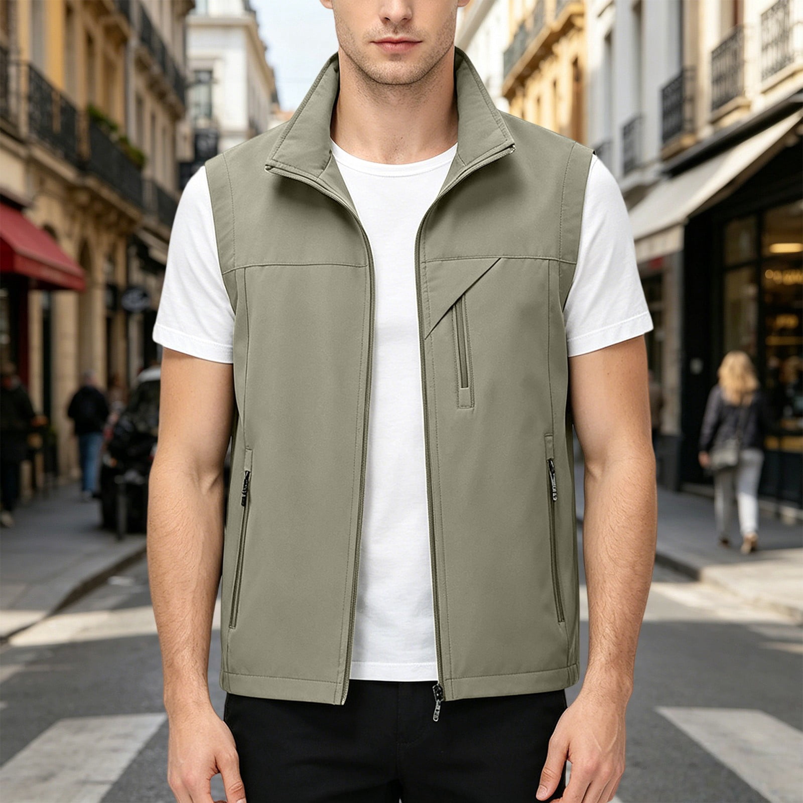 Minimalist Solid Softshell Sleeveless Vest for Men Full Zip Stand