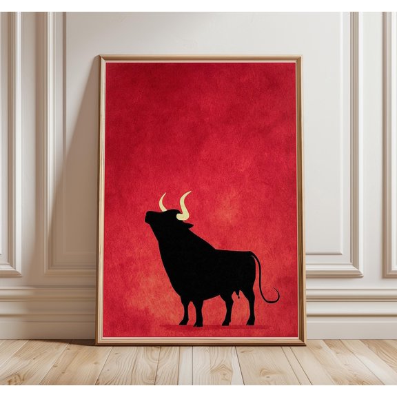 Minimalist Spanish Bull Art Print, Matador Rojo Red Black Poster, Taurus Zodiac Western Farmhouse Decor, Minimalist, Poster Only