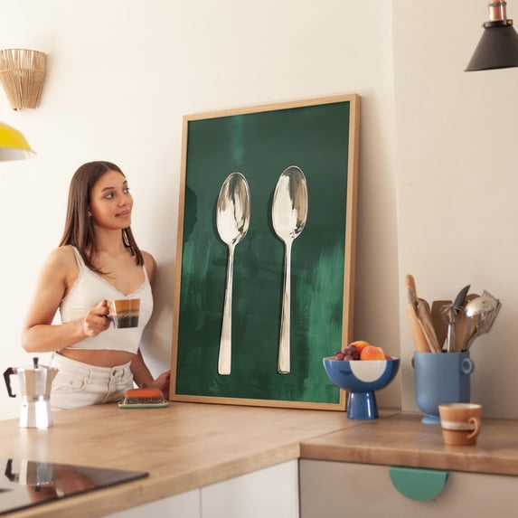 Minimalist Spoon Art Print, Modern Kitchen, Green And Beige Dining Room Art, Simple Utensil Wall Art, Modern Wall Decor, 12x18 UNFRAMED