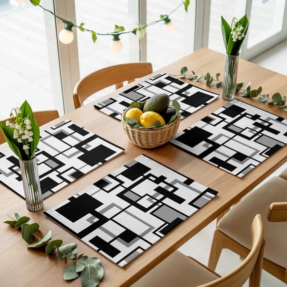 Minimalist Square Stripe Placemats Set of 4,Wipeable Washable Table Mats for Dining Tables, Black Grey Rectangle on White Place Mats for Kitchen Event Party Tabletop Decor