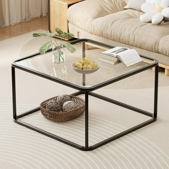 Minimalist Square Tables for Living Room, Modern Center Table for Office or Small Space, Tempered Glass, Sturdy Metal Frame, Easy Assembly, 26.4 x 26.4 x 15.7 Inches, Black