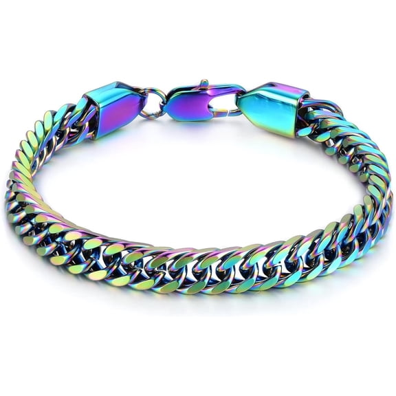 Minimalist Stainless Steel Rainbow Curb Chain Link Chain Bangle Bracelet for Men Women, Spring Hook Clasp, Punk Rock