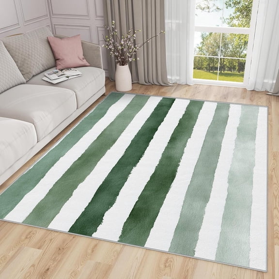 Minimalist Stripe Area Rugs, Green White Watercolor Carpet, Washable Non Slip Low Pile Soft Rug for Living Room Bedroom Decor Mat 2x3ft